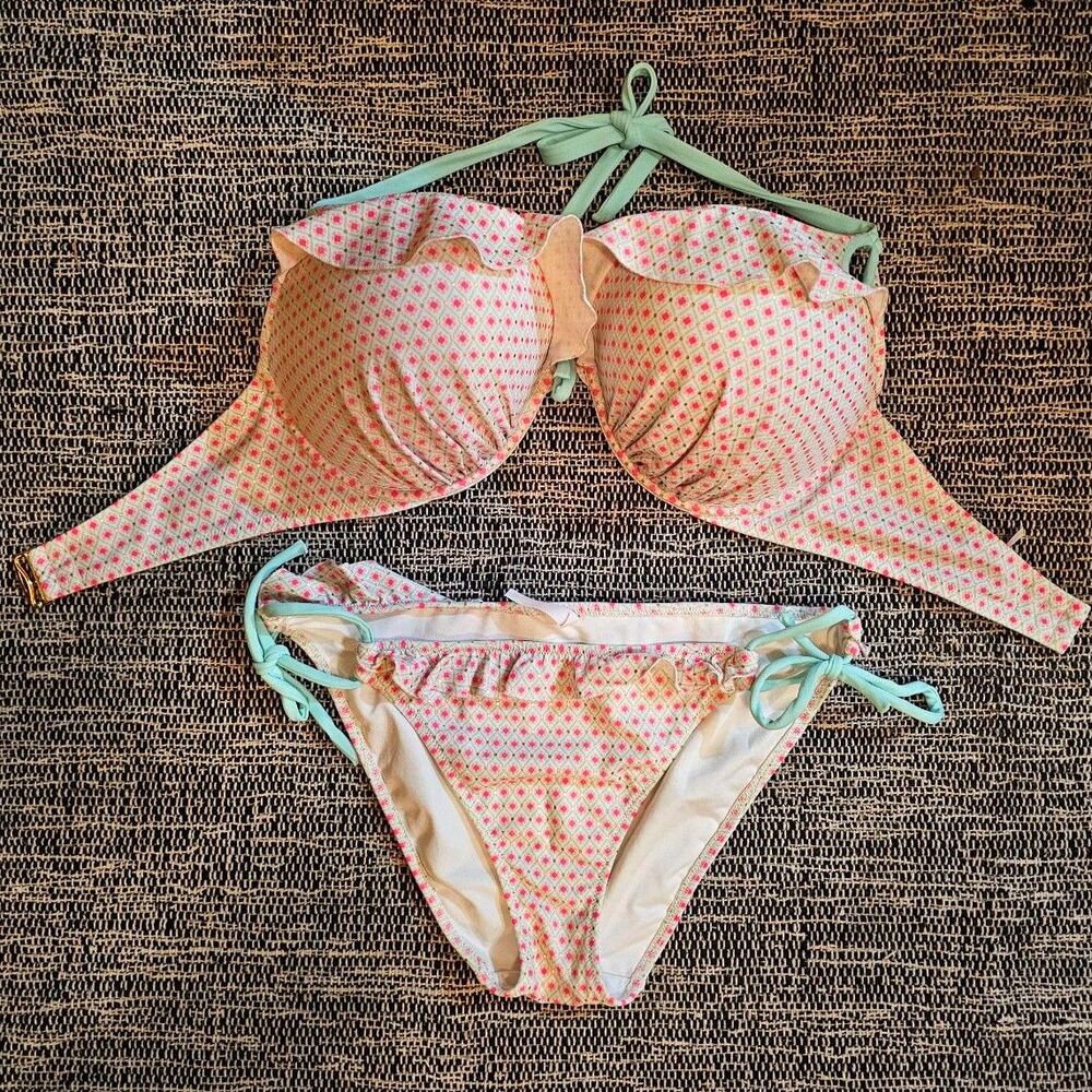 Victoria’s Secret Add 2 Cups Bikini Set 36DD Large Push Up Halter Ruffle Swim